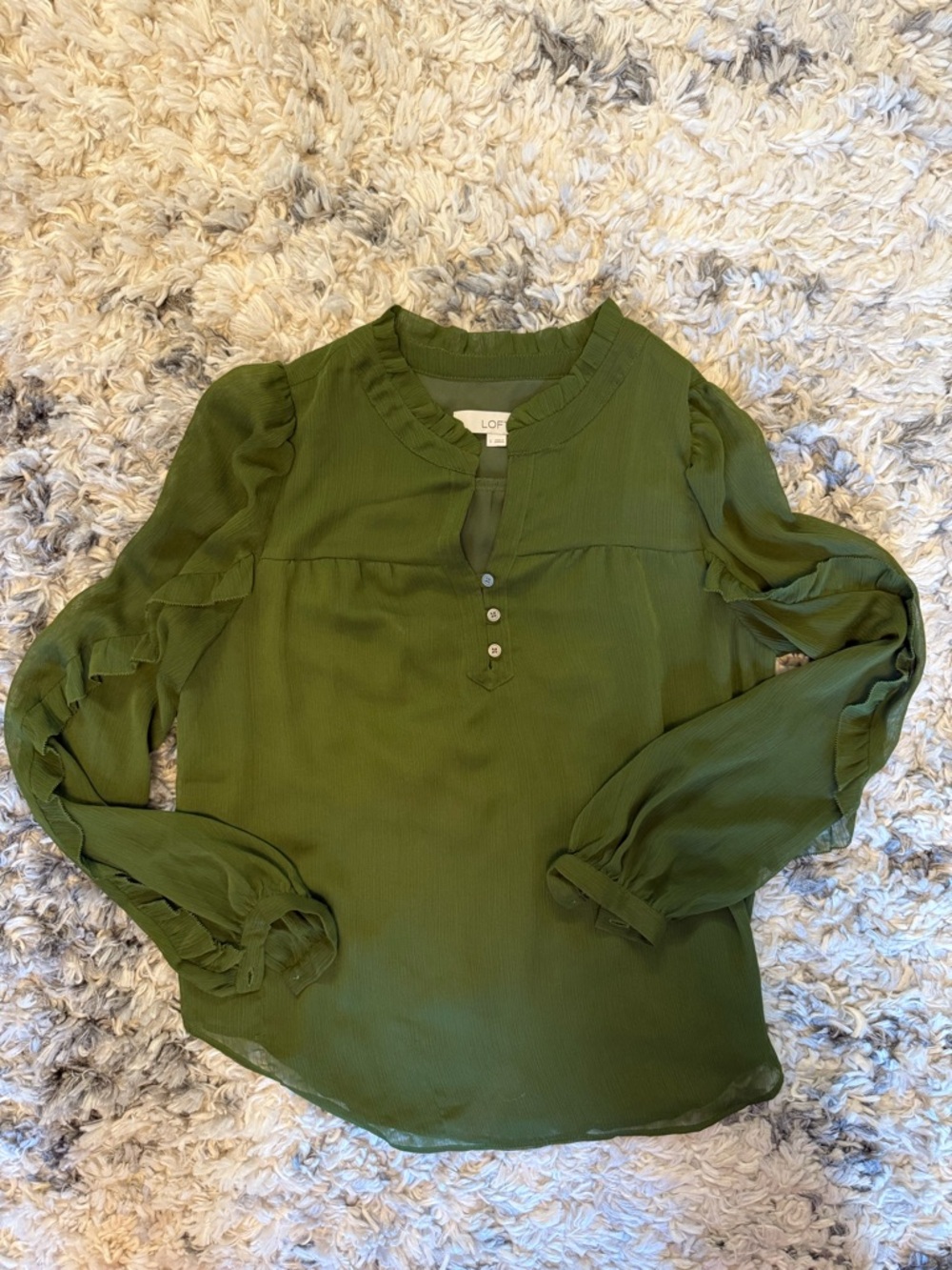LOFT Olive Green Ruffle-Trim Button Henley Blouse size small worn twice